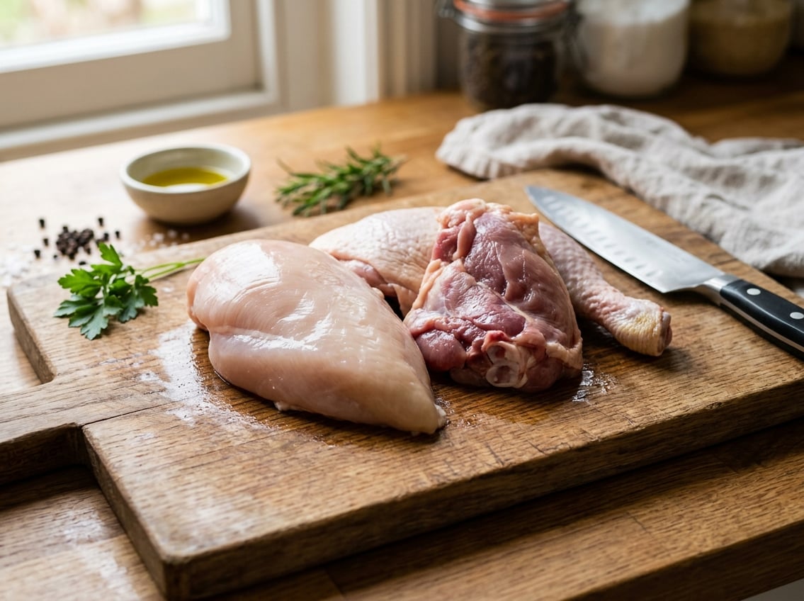 Close-up of raw chicken breast and dark meat cuts on a wooden cutting board with herbs and a knife nearby.