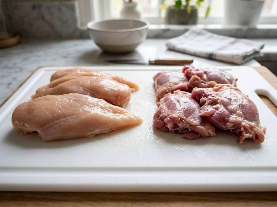 Close-up of raw chicken breast and dark chicken thigh meat side by side on a cutting board.