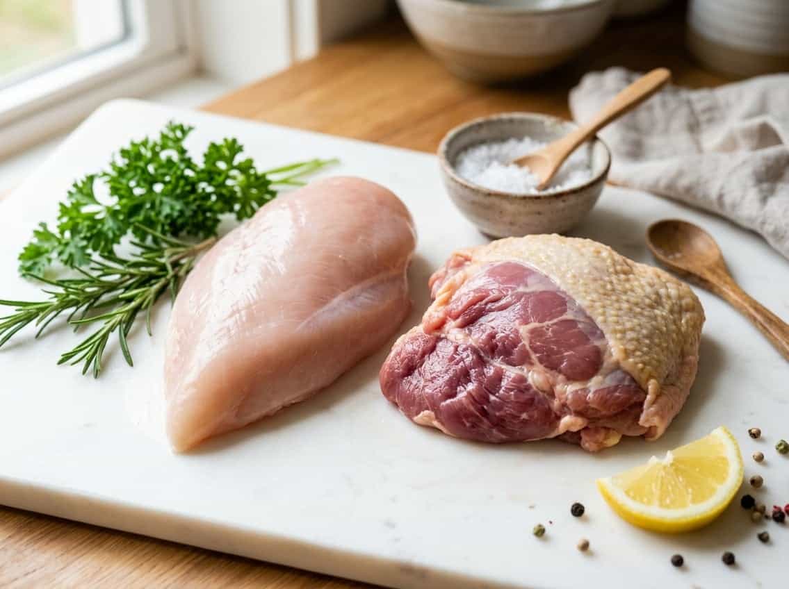 Close-up of raw chicken breast and dark chicken meat side by side on a cutting board with fresh herbs and lemon.