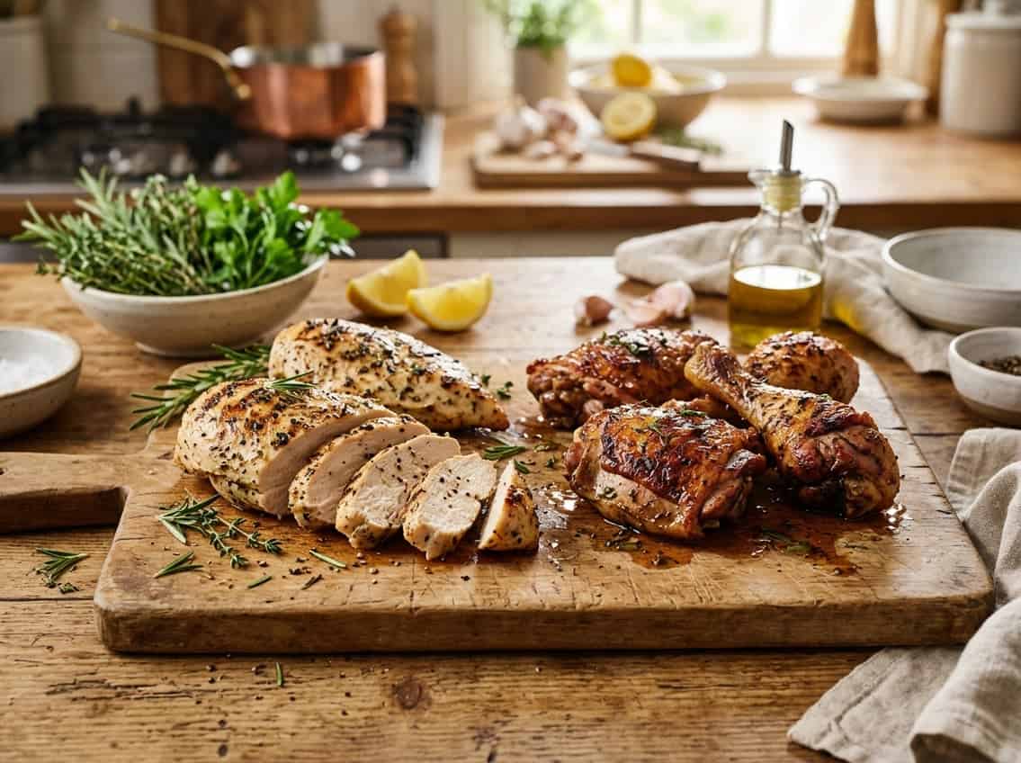 A wooden cutting board with sliced grilled chicken breast and roasted chicken thighs surrounded by fresh herbs and cooking ingredients in a kitchen setting.