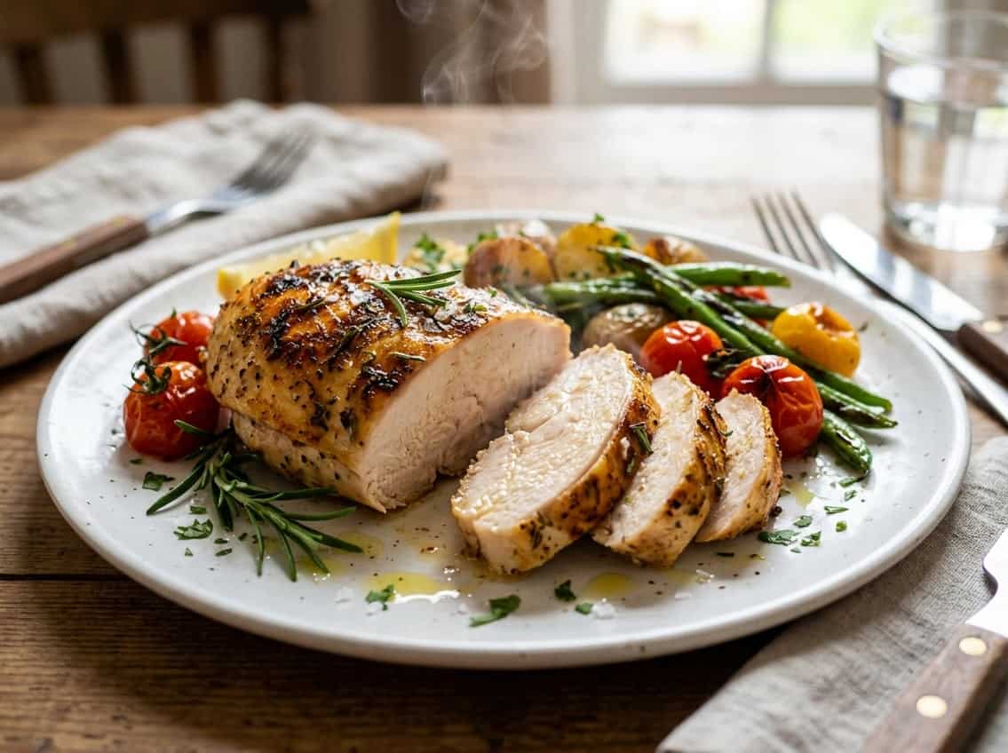A sliced cooked chicken breast on a plate with fresh herbs and vegetables, showing a juicy interior.