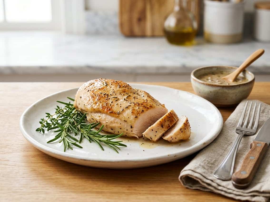 A juicy cooked chicken breast on a white plate with fresh herbs and a small bowl of sauce on a kitchen countertop.