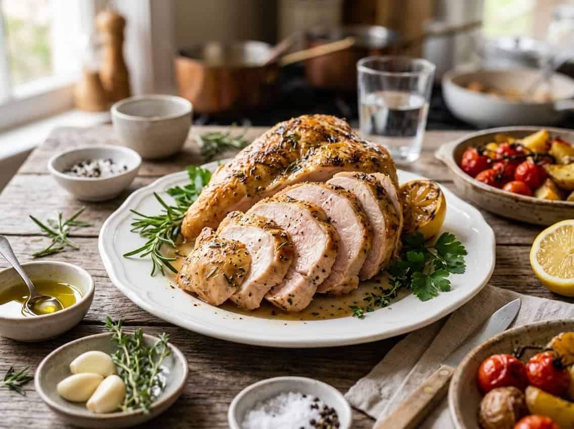 A close-up of a sliced, juicy chicken breast on a white plate garnished with fresh herbs and surrounded by small bowls of ingredients.