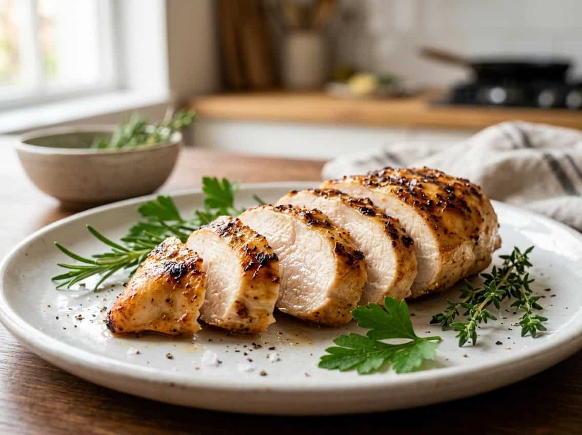 A sliced chicken breast on a white plate with fresh herbs, showing its juicy interior in a bright kitchen.