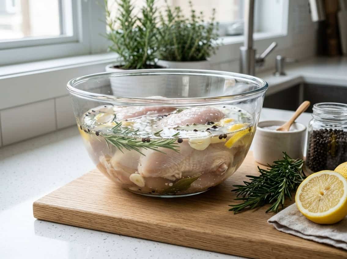 Raw chicken breasts soaking in a bowl of brine with herbs on a kitchen countertop surrounded by fresh ingredients.