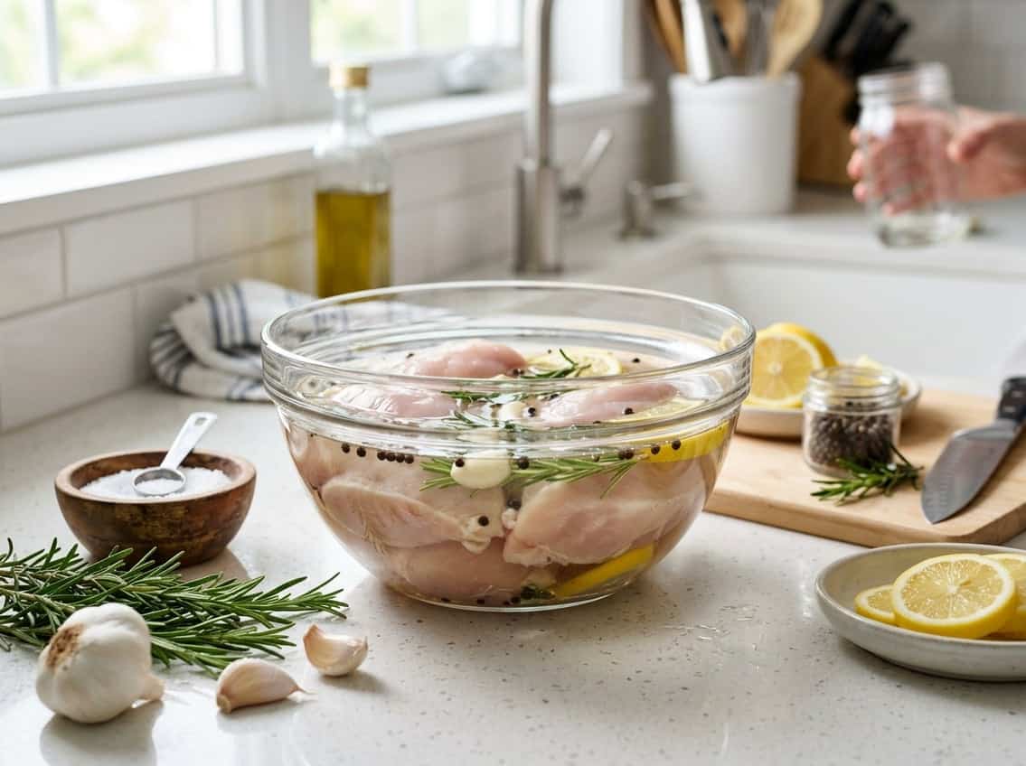 Raw chicken breasts soaking in a glass bowl of brine with fresh herbs and lemon slices on a kitchen countertop.