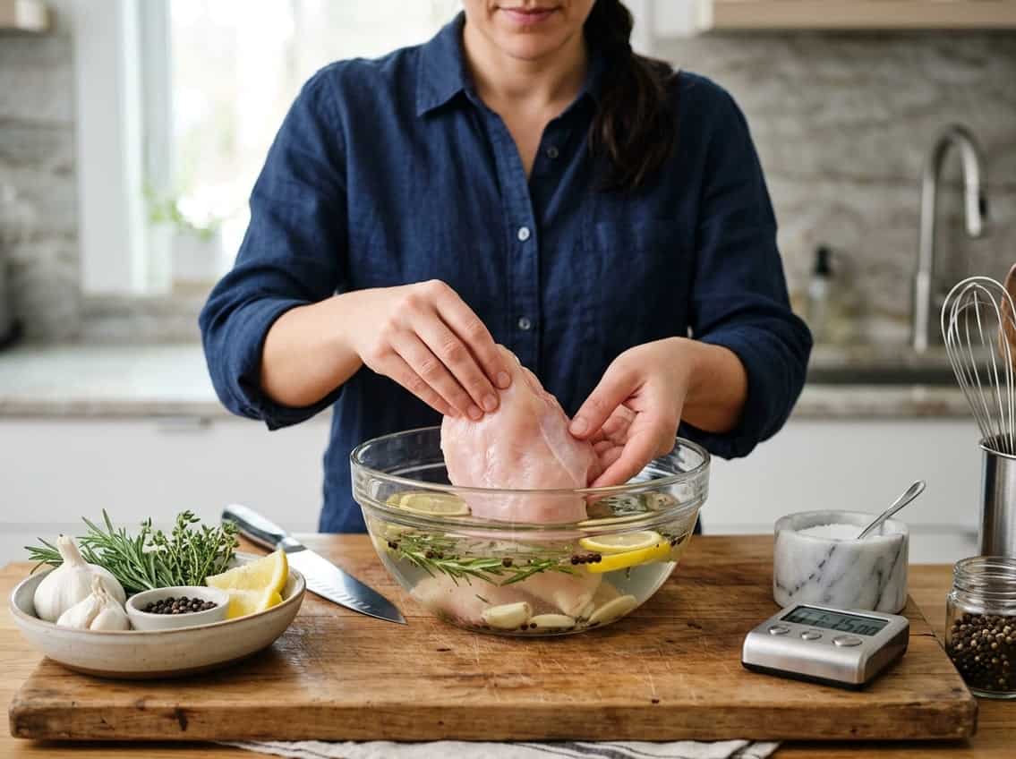 Hands placing raw chicken breasts into a glass bowl of brine with fresh herbs and ingredients on a kitchen countertop.