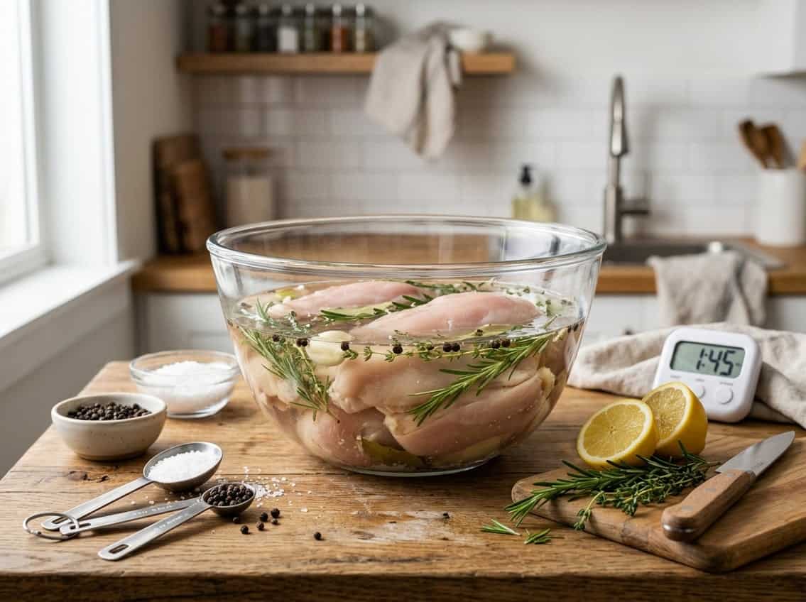A kitchen countertop with raw chicken breasts soaking in a bowl of brine surrounded by herbs, lemon, salt, and cooking utensils.