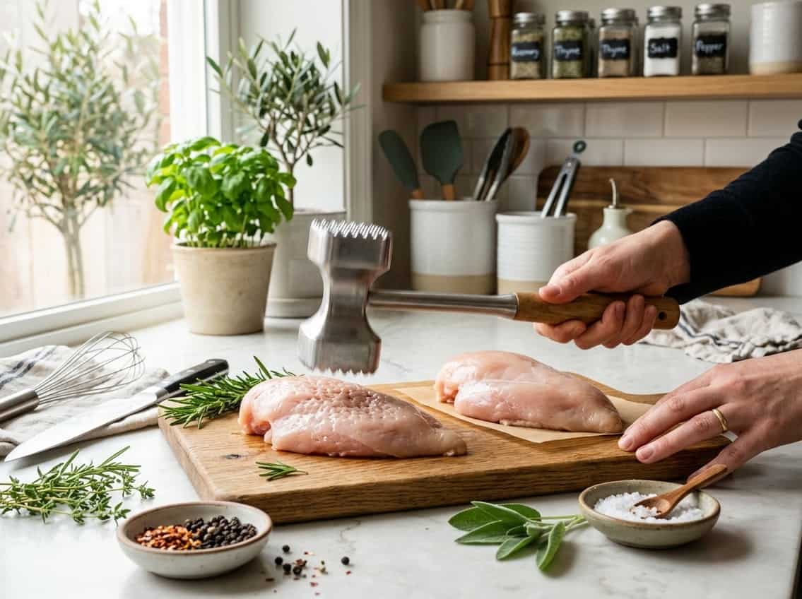 A hand tenderizing raw chicken breasts on a wooden cutting board in a kitchen with fresh herbs nearby.