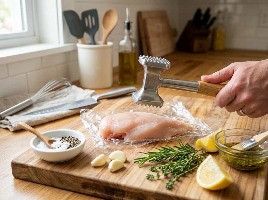 Raw chicken breast on a wooden cutting board with a meat mallet and fresh herbs on a kitchen countertop.