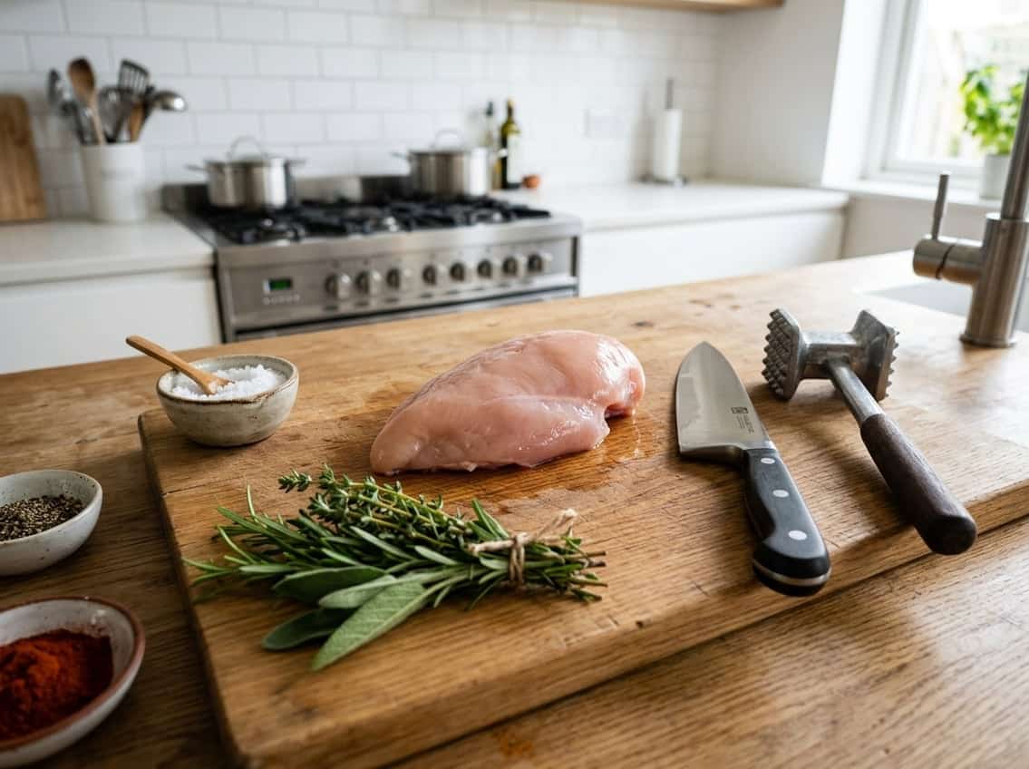 Raw chicken breast on a cutting board with a meat tenderizer, knife, spices, and fresh herbs in a kitchen setting.