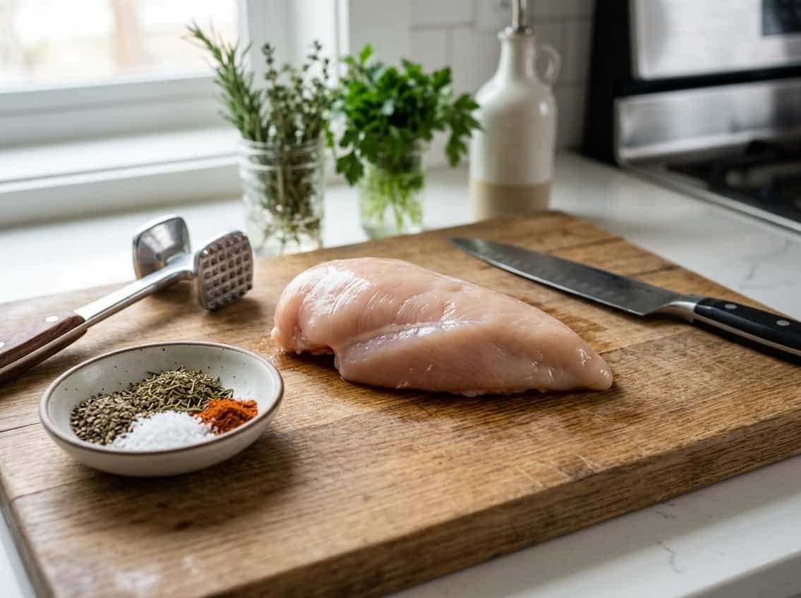 Close-up of a raw chicken breast on a cutting board with a meat tenderizer and knife nearby in a kitchen.