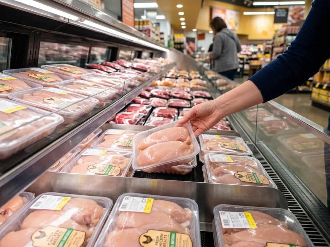 A shopper selecting a pack of fresh chicken breasts from a refrigerated display in a grocery store.
