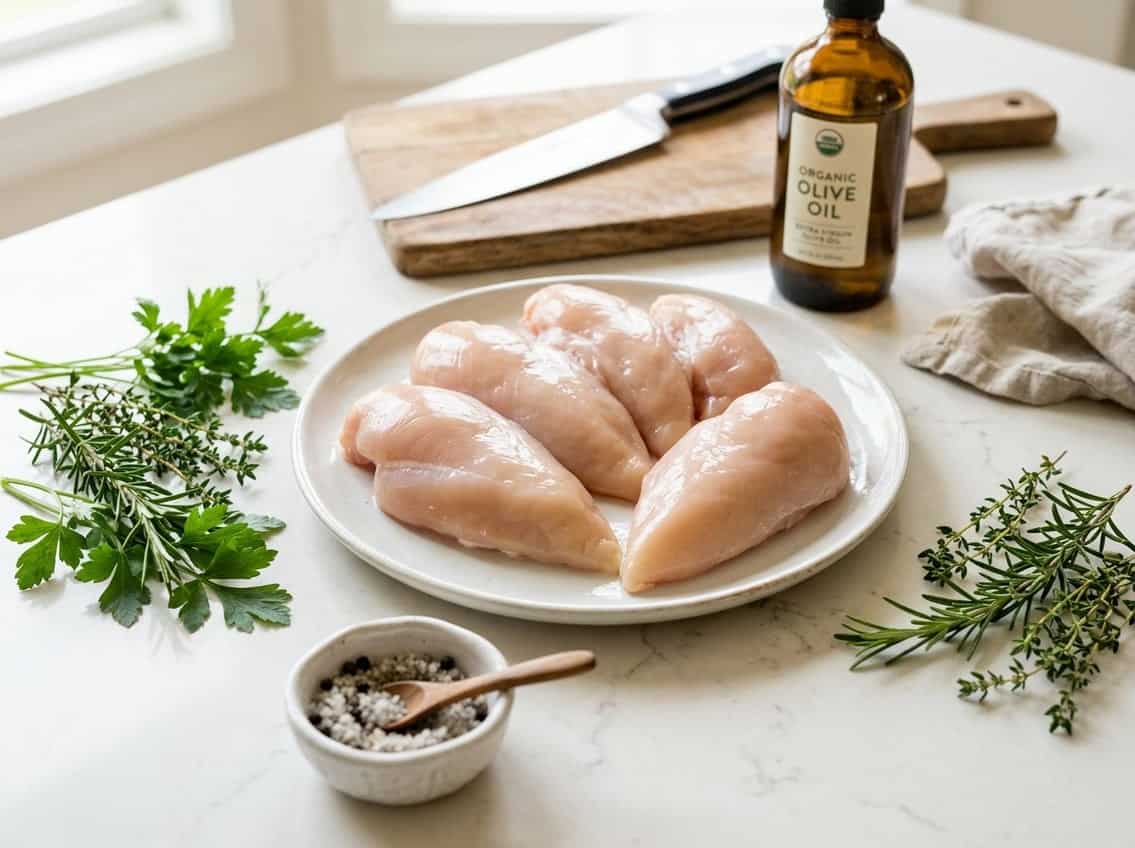 Fresh raw chicken breasts on a plate with herbs and spices on a kitchen countertop.