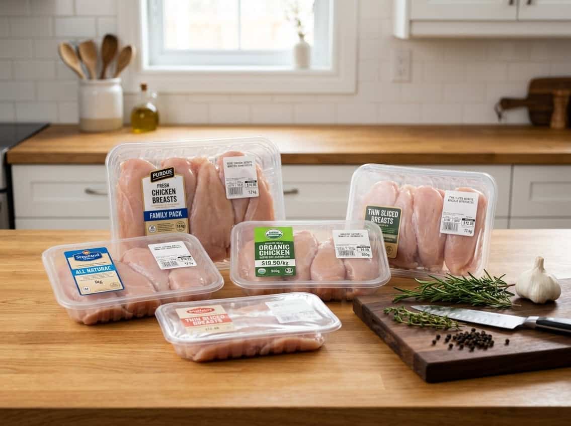 Various packages of raw chicken breasts displayed on a kitchen countertop with fresh herbs and a cutting board nearby.