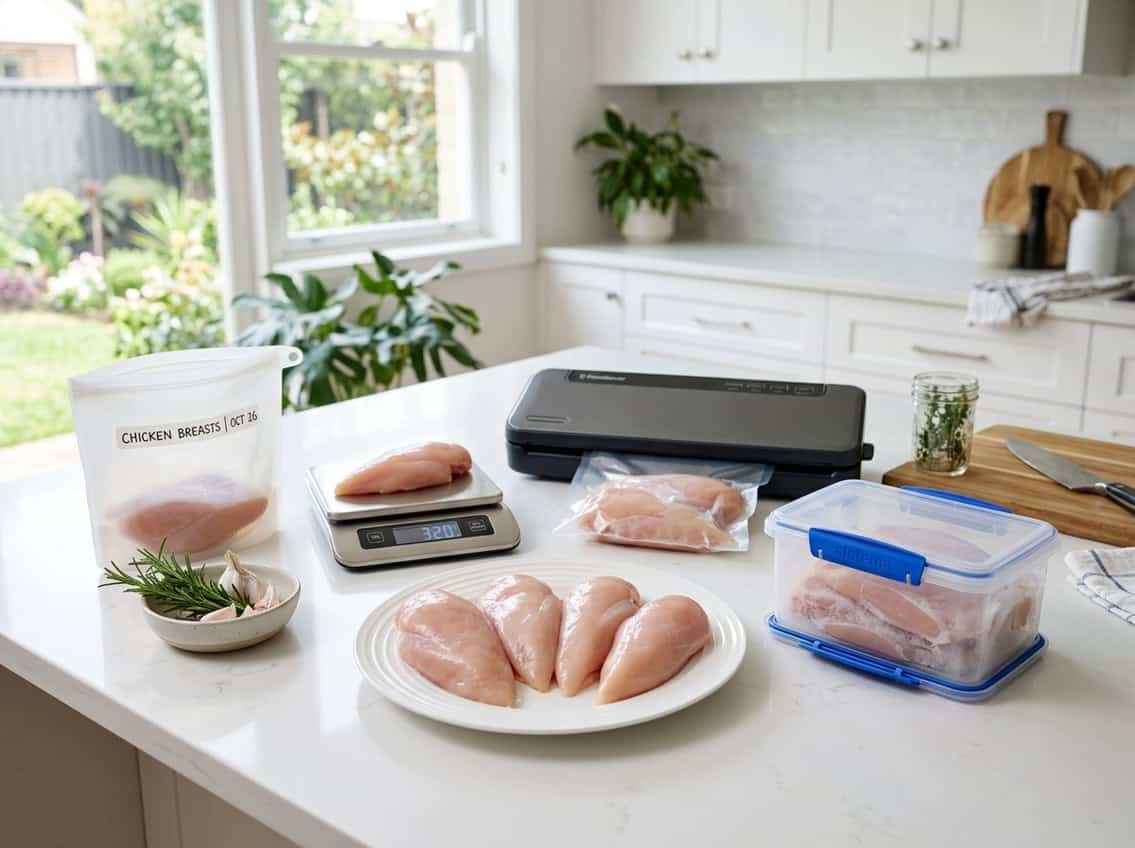 Fresh raw chicken breasts on a white plate next to airtight containers and kitchen tools for storage and freezing on a kitchen countertop.