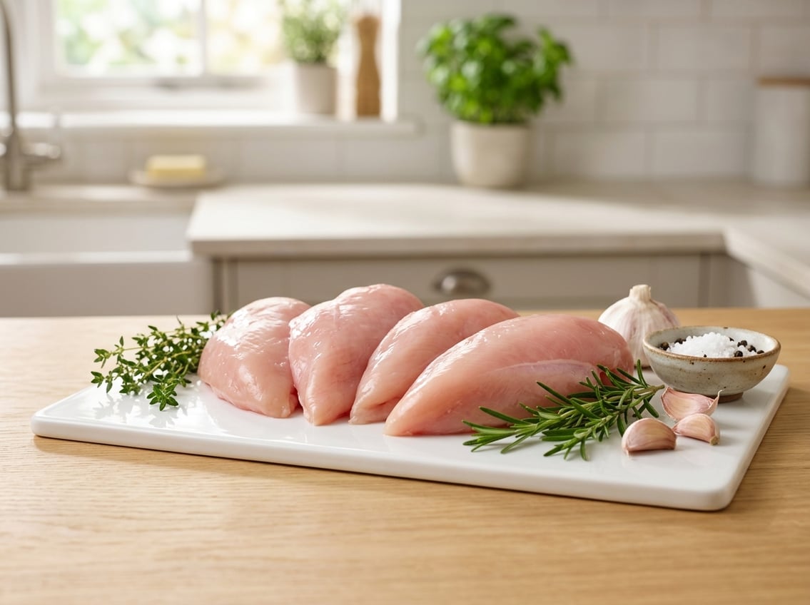 Fresh raw chicken breasts on a white cutting board with herbs and garlic in a bright kitchen setting.