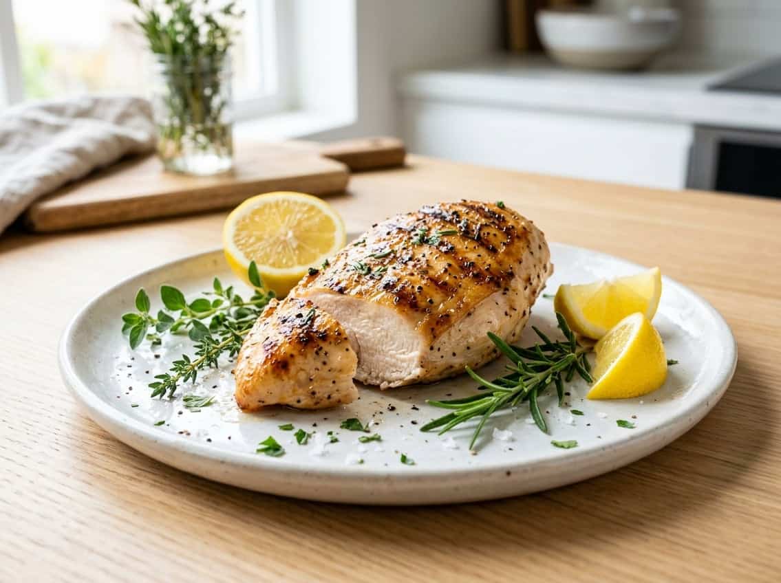 A cooked chicken breast on a white plate garnished with fresh herbs and lemon wedges on a kitchen countertop.