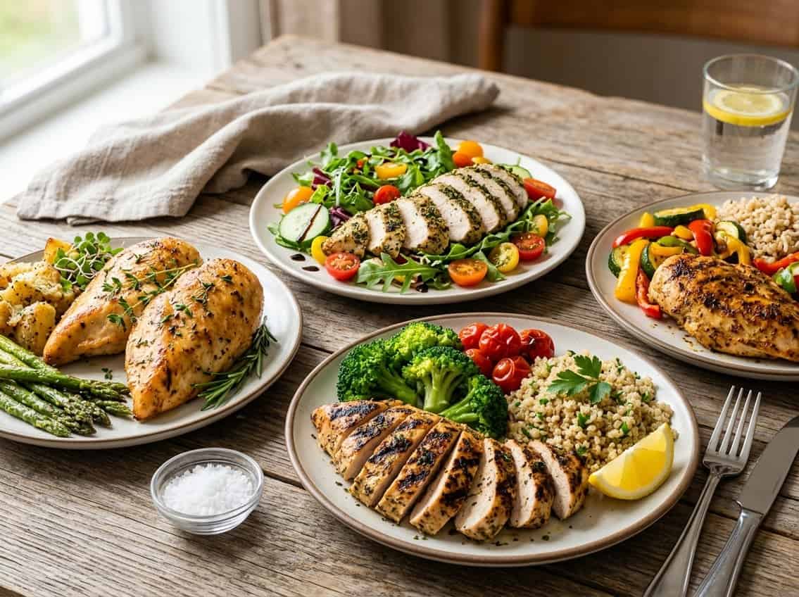 A variety of cooked chicken breast dishes served with fresh vegetables and side dishes on a wooden table.