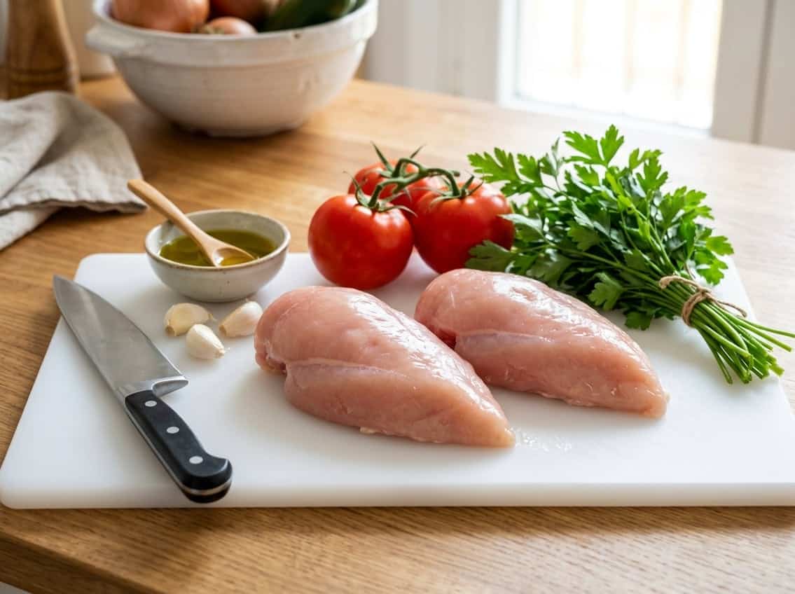 Fresh raw chicken breasts on a cutting board with garlic, tomatoes, parsley, and olive oil in a kitchen.