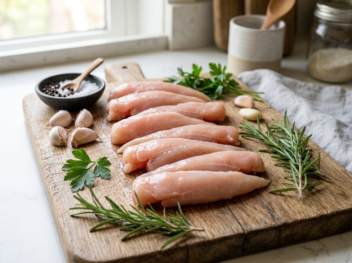 Close-up of raw chicken breast tenderloins on a wooden cutting board with fresh herbs and garlic cloves nearby.