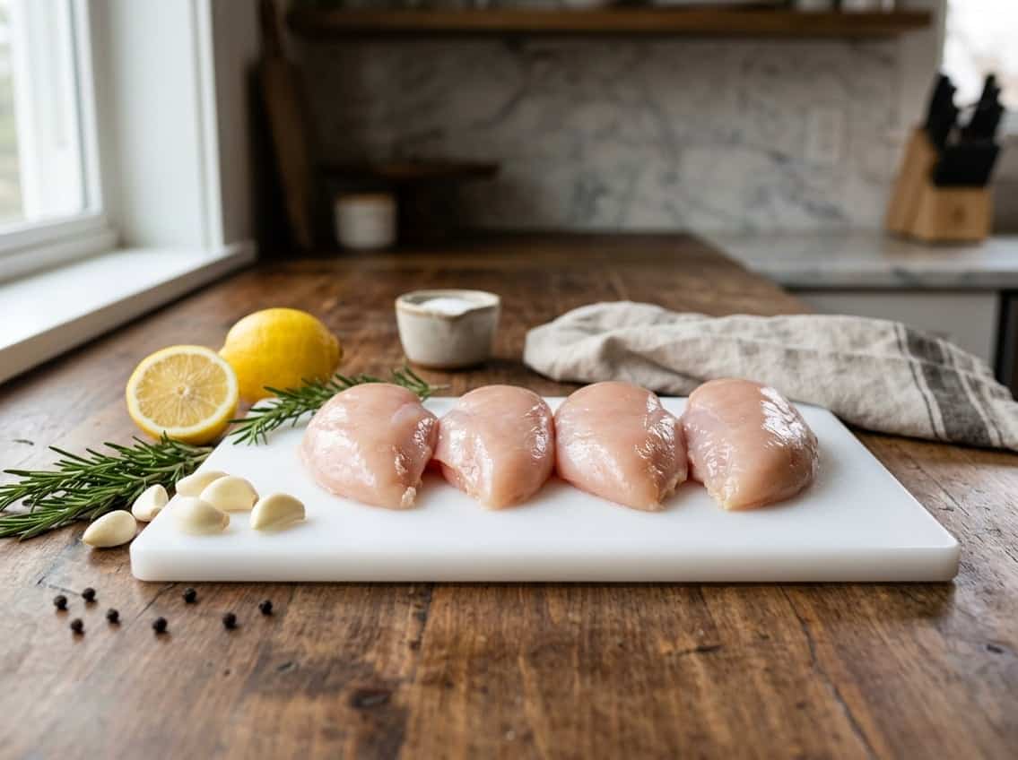 Raw chicken breast fillets arranged on a cutting board with garlic, rosemary, and lemon slices on a wooden countertop.