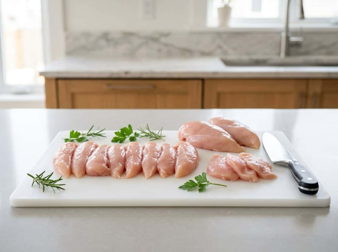 Raw chicken breast tenderloins and whole chicken breasts arranged on a cutting board in a kitchen setting.