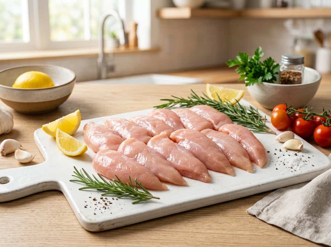 Fresh raw chicken breast tenderloins on a cutting board with garlic, rosemary, lemon wedges, and cherry tomatoes in a kitchen setting.