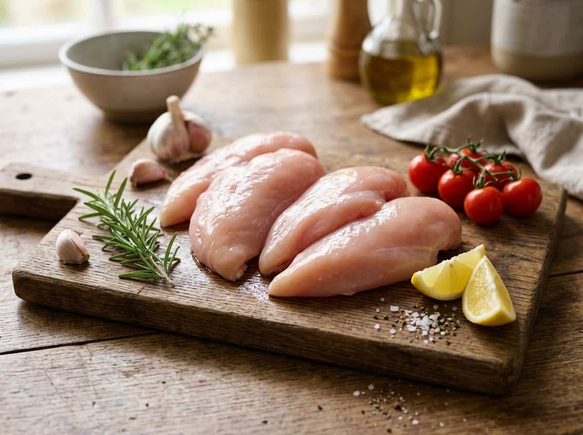 Fresh raw chicken breast fillets on a wooden cutting board surrounded by herbs, garlic, cherry tomatoes, and lemon wedges.