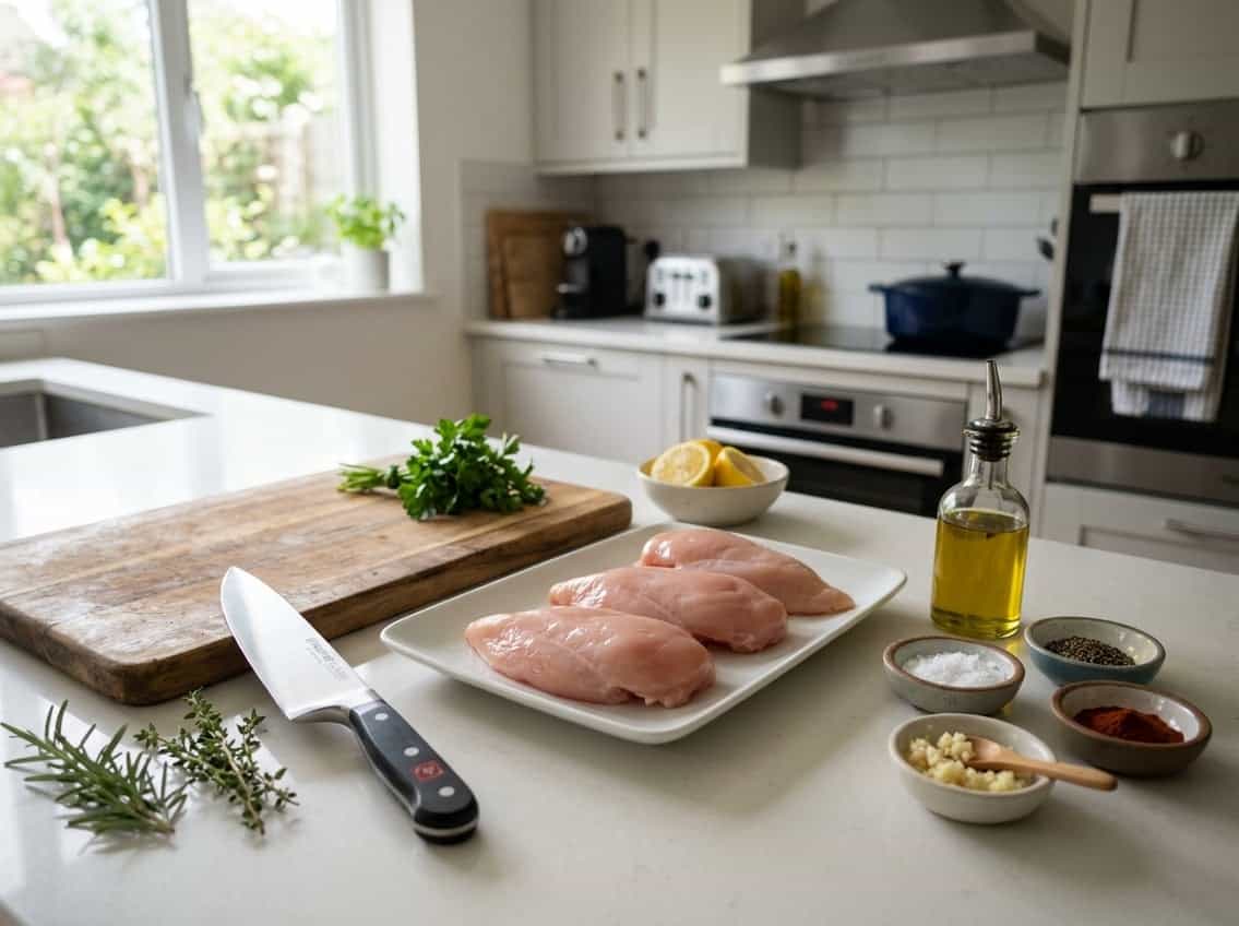 Fresh raw chicken breast fillets on a white plate surrounded by herbs, spices, and cooking tools on a kitchen countertop.