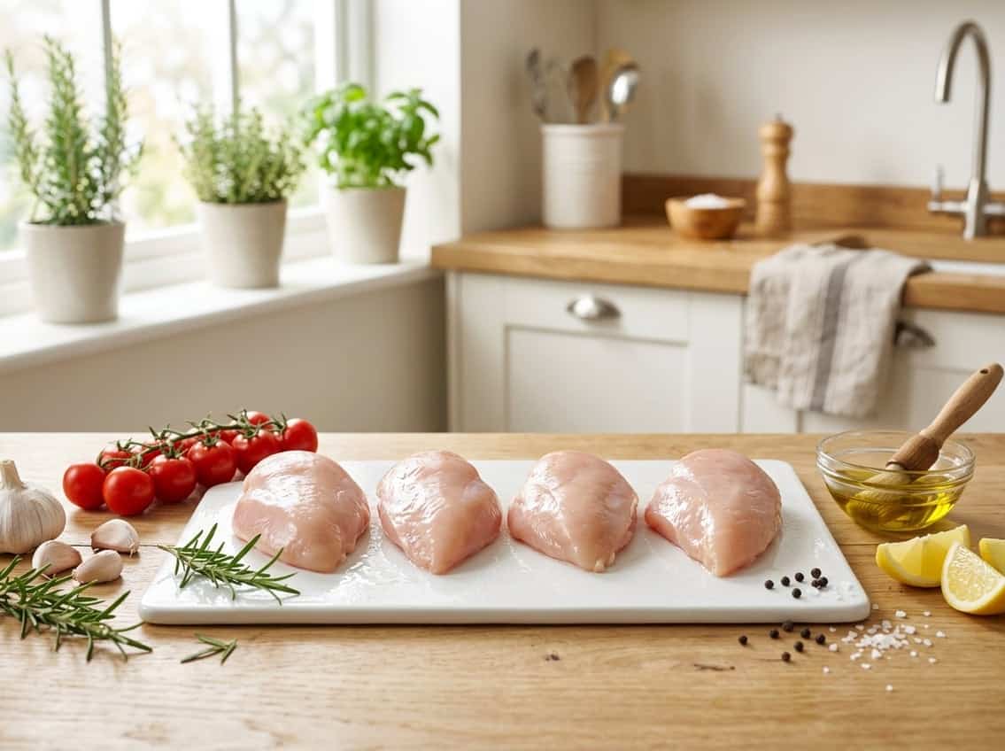 Raw chicken breast fillets on a cutting board surrounded by fresh ingredients like tomatoes, rosemary, garlic, and lemon in a kitchen.