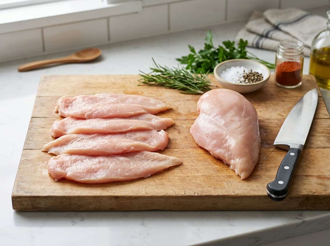 Raw chicken breast cutlets and a whole chicken breast placed side by side on a wooden cutting board with fresh herbs and a knife nearby.