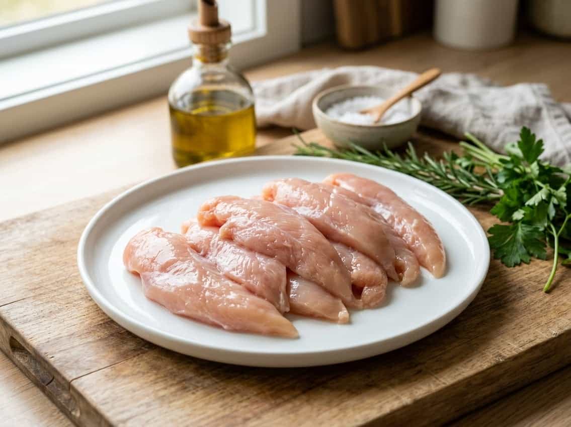 Close-up of fresh raw chicken breast tenders arranged on a white plate with herbs and kitchen items in the background.