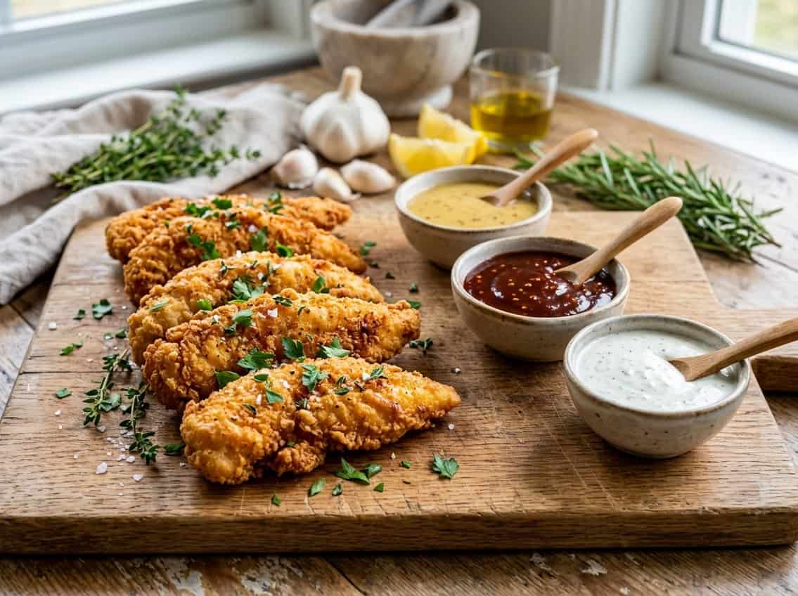 Close-up of cooked chicken breast tenders on a wooden board with dipping sauces and fresh herbs.