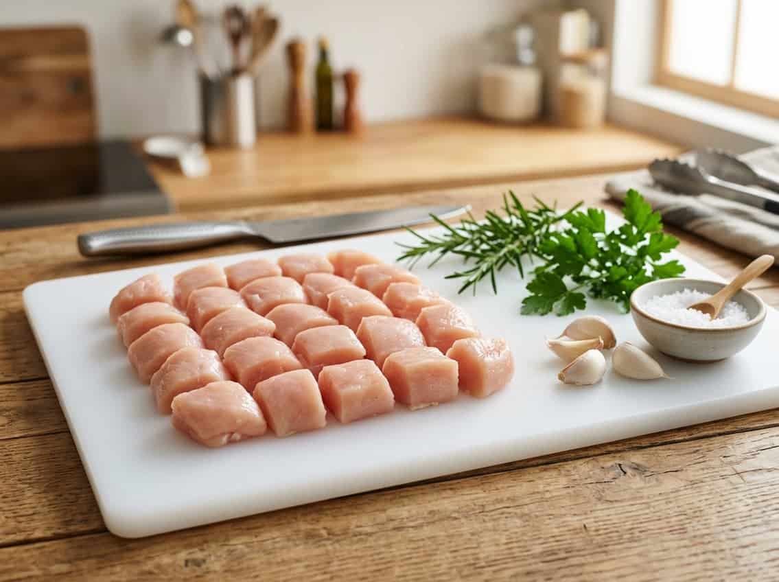Raw chicken breast chunks arranged on a cutting board with fresh herbs and garlic in a kitchen setting.