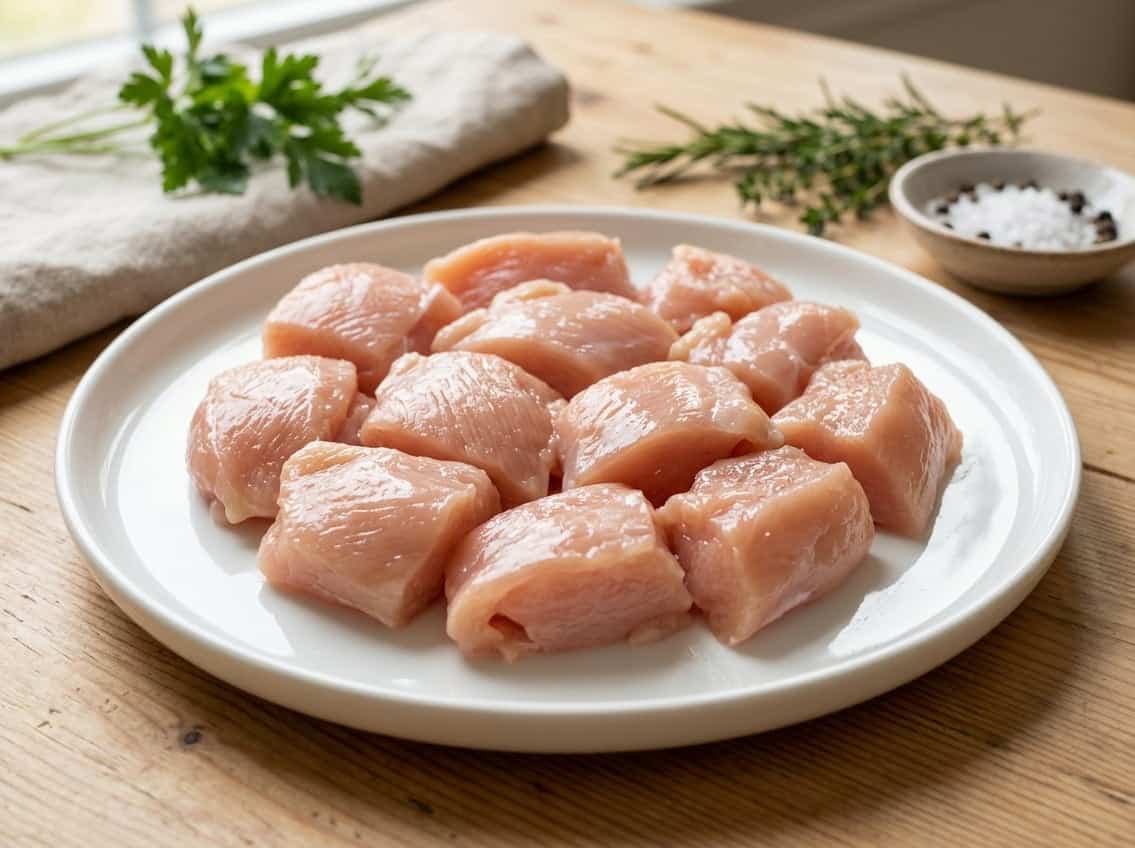 Close-up of raw chicken breast chunks on a white plate with fresh herbs in the background.