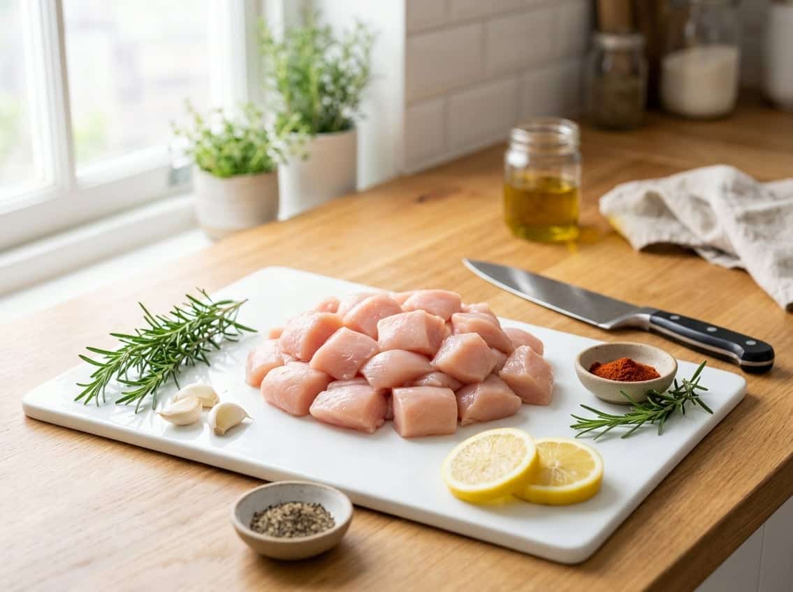 Raw chicken breast chunks on a cutting board with fresh herbs, garlic, lemon slices, and spices in a kitchen setting.