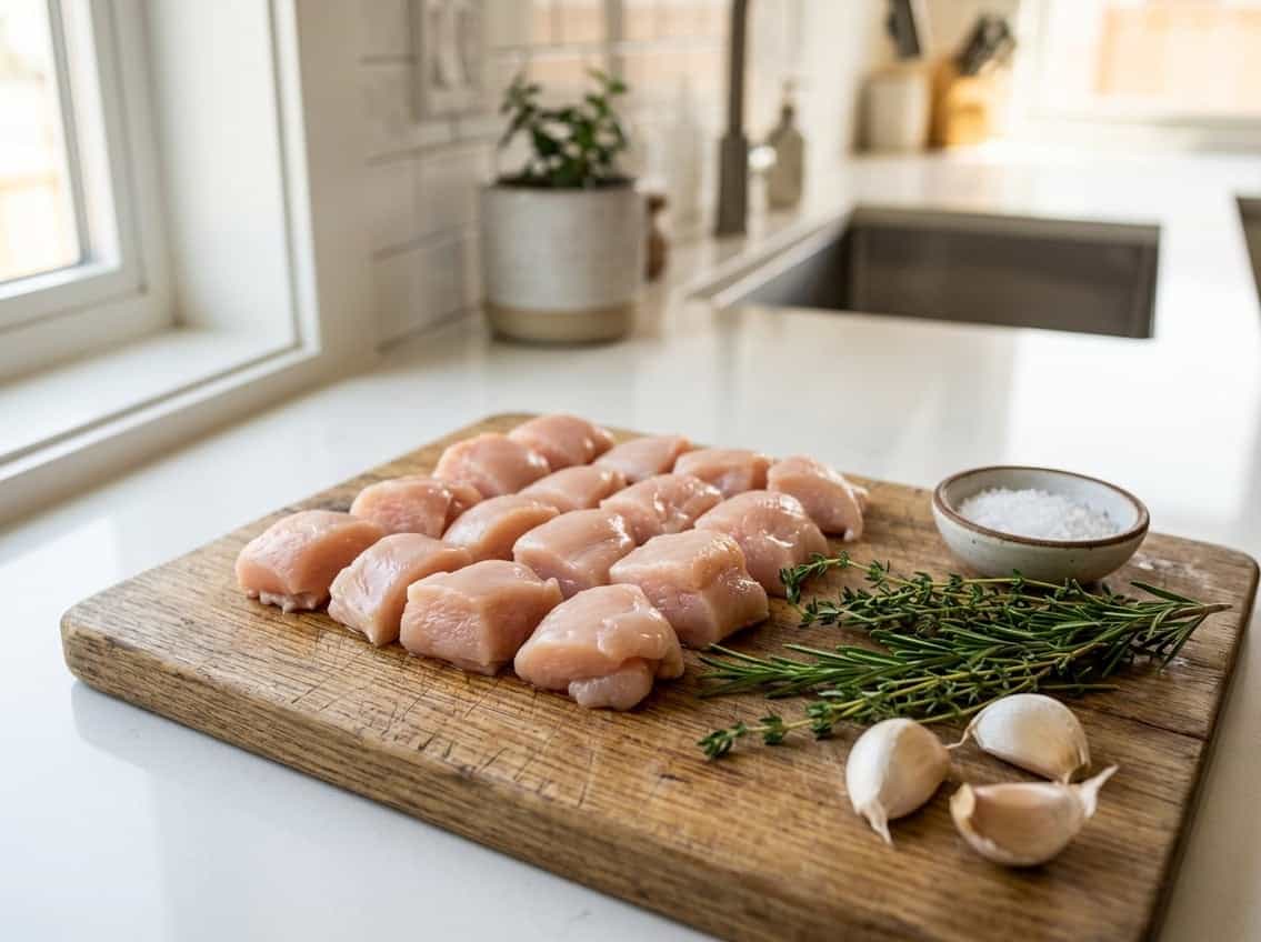 Close-up of fresh chicken breast chunks on a wooden cutting board with herbs and garlic in a kitchen setting.