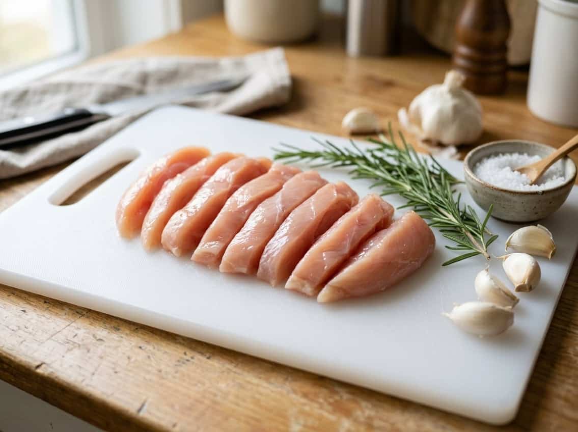 Close-up of raw chicken breast strips arranged on a white cutting board with fresh herbs and garlic nearby.
