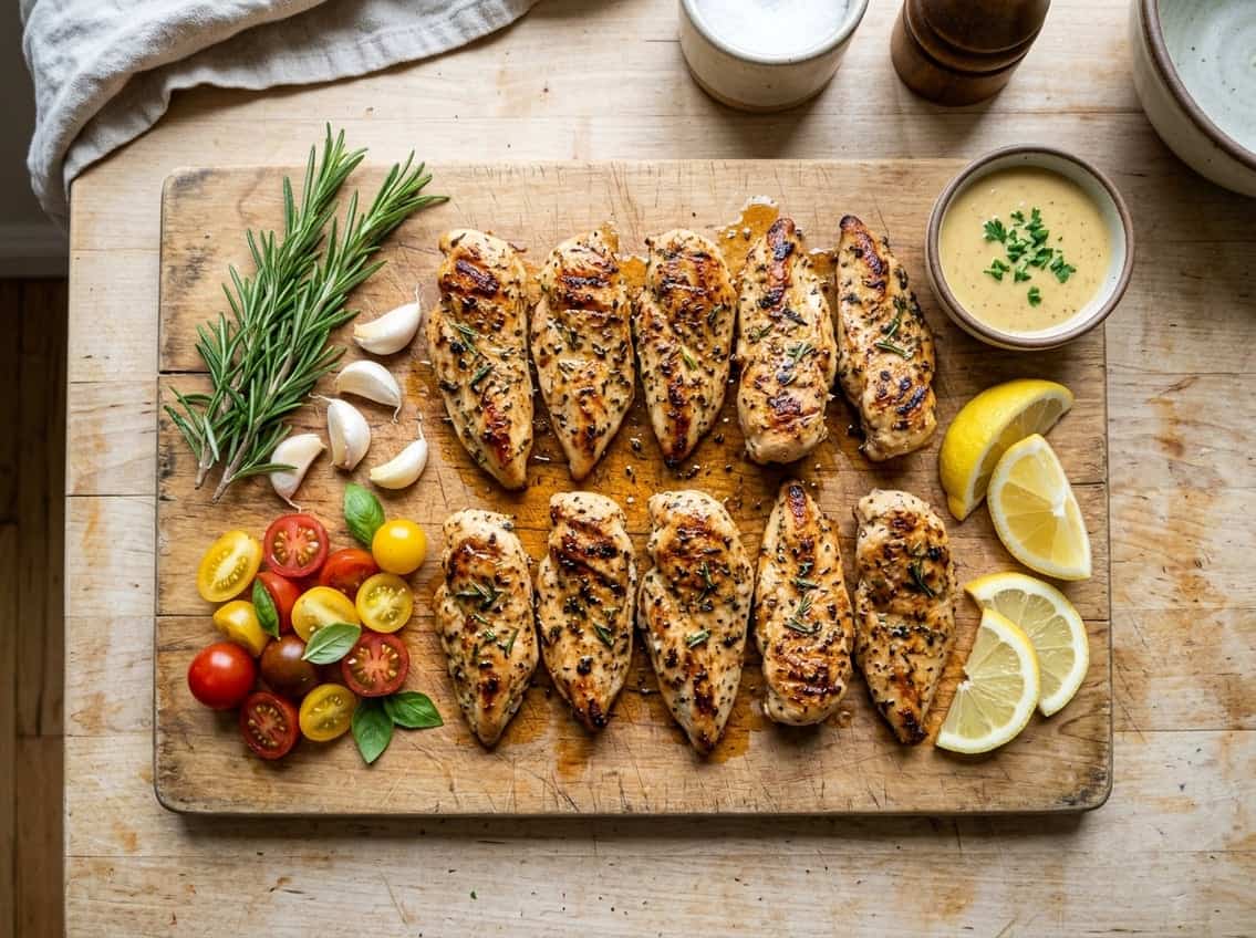 Top-down view of cooked chicken breast strips on a cutting board with fresh herbs, garlic, tomatoes, lemon wedges, and a bowl of dipping sauce nearby.