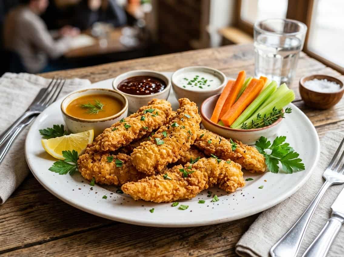 Plate of crispy chicken breast strips with dipping sauces and fresh vegetable sticks on a table.