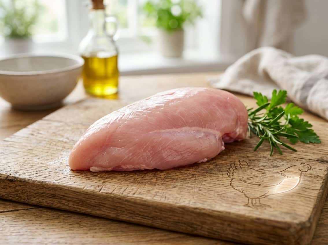 A raw chicken breast on a wooden cutting board with a faint outline of a whole chicken highlighting the breast area, set in a bright kitchen with fresh herbs nearby.