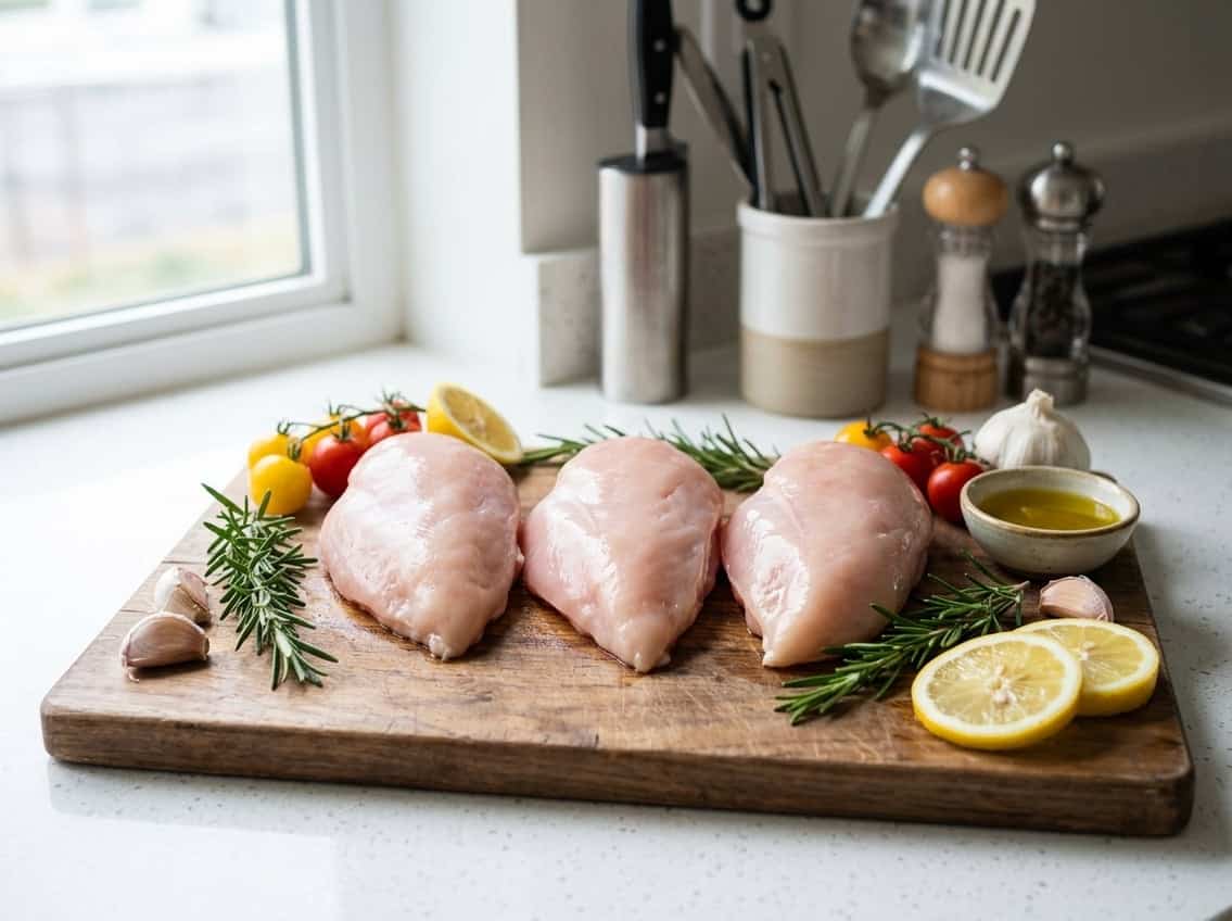 Close-up of raw chicken breasts on a cutting board surrounded by fresh herbs, garlic, tomatoes, and lemon slices in a kitchen.