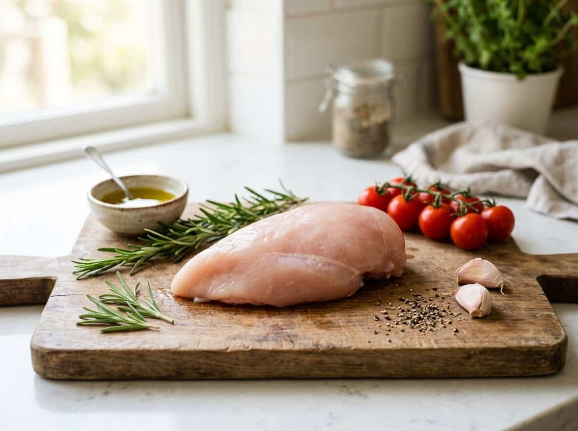 Raw chicken breast on a wooden cutting board surrounded by fresh ingredients like rosemary, garlic, tomatoes, and olive oil in a bright kitchen.