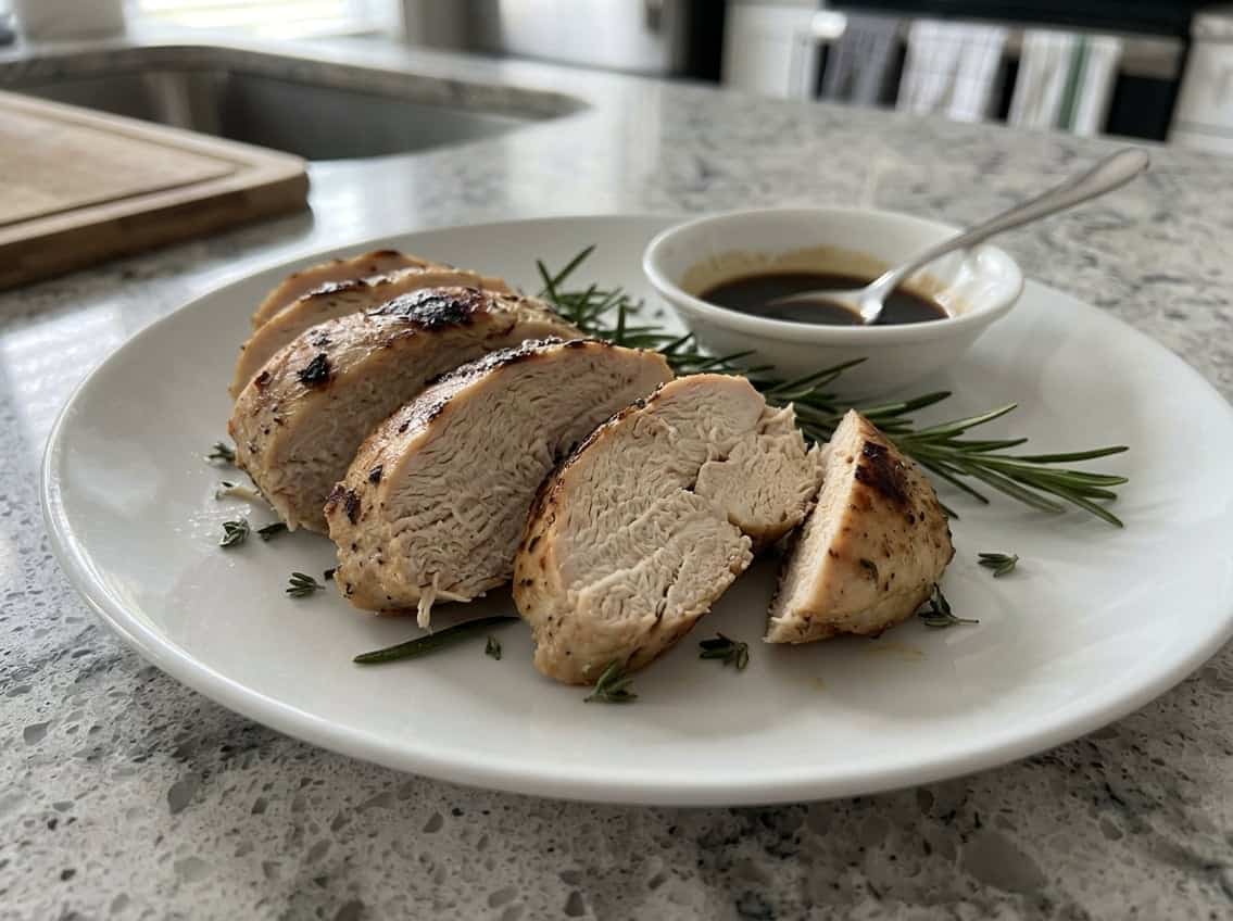 Close-up of cooked chicken breast slices on a plate with herbs and sauce, showing a dry and tough texture.