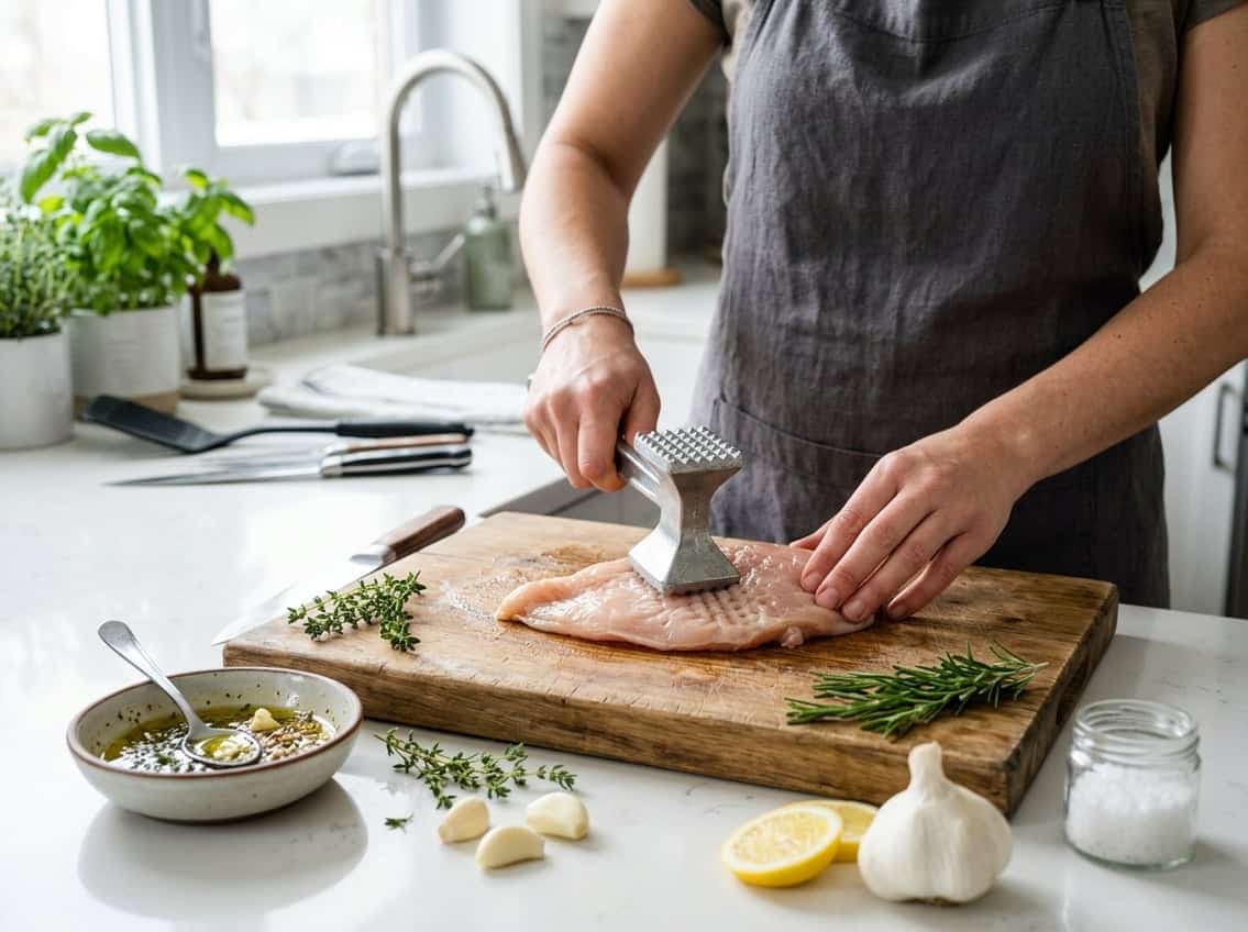 Close-up of hands tenderizing raw chicken breast on a cutting board with herbs and lemon slices nearby in a kitchen setting.