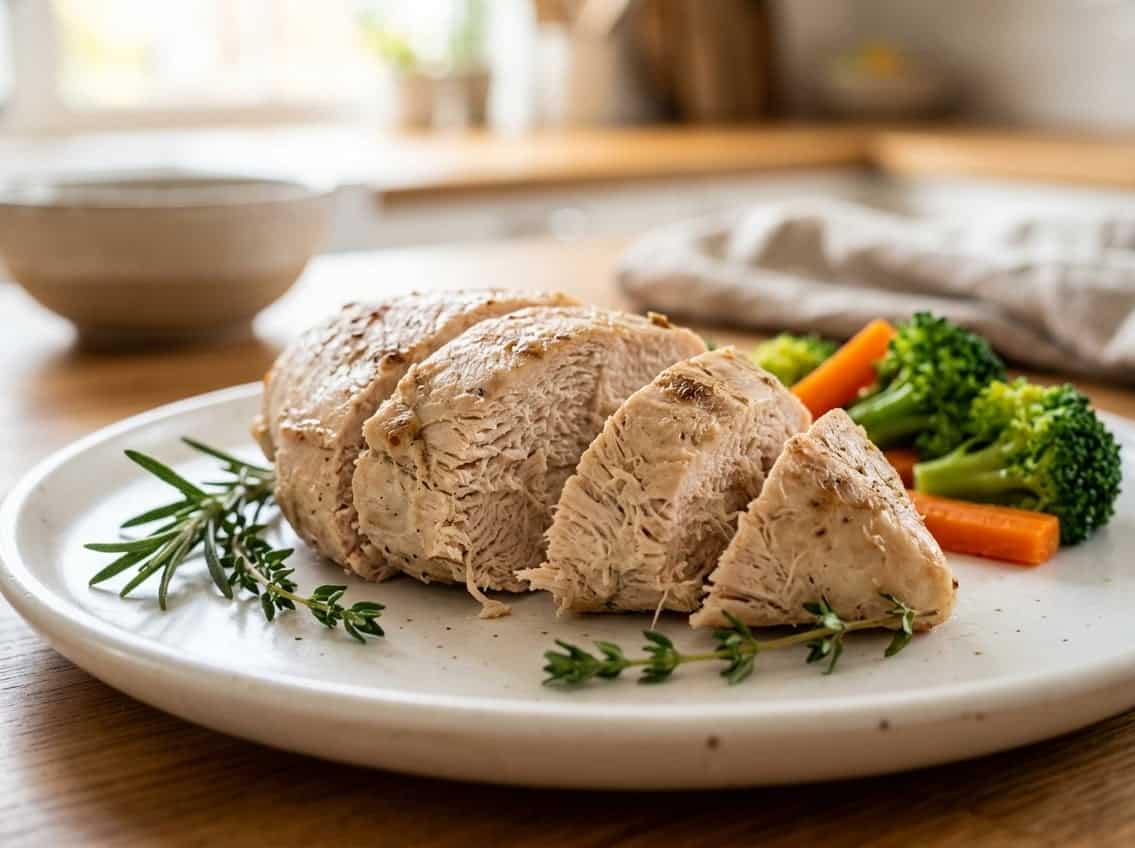 Close-up of a cooked chicken breast on a plate with herbs and steamed vegetables.