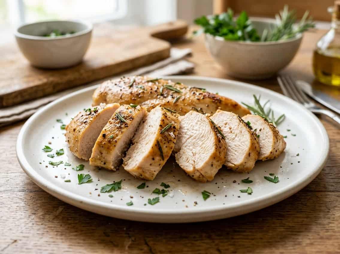 Close-up of a sliced cooked chicken breast on a white plate showing its fibrous texture.
