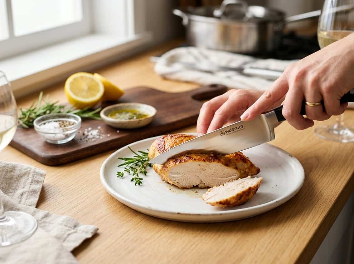 A hand slicing a juicy, cooked chicken breast on a white plate in a bright kitchen with fresh herbs and lemon on the counter.
