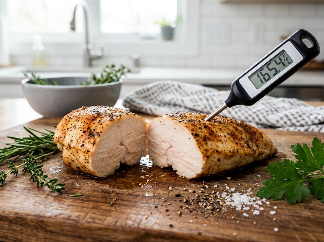 Sliced cooked chicken breast on a cutting board with a digital meat thermometer showing the temperature inside a kitchen setting.